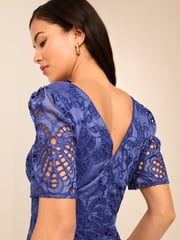 Lipsy Blue Premium Broderie Lace Shortss Sleeve V Neck High Low Midi Dress - Image 3 of 4