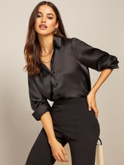Friends Like These Black Petite Satin Button Through Shirt - Image 1 of 4