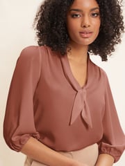 Friends Like These Pink Petite V Neck Bow Front 3/4 Sleeve Blouse - Image 2 of 4