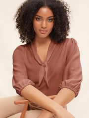 Friends Like These Pink Petite V Neck Bow Front 3/4 Sleeve Blouse - Image 4 of 4