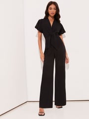 Lipsy Black Flutter Sleeve V Neck Tie Front Wide Leg Jumpsuit - Image 1 of 4