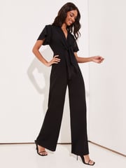 Lipsy Black Flutter Sleeve V Neck Tie Front Wide Leg Jumpsuit - Image 3 of 4
