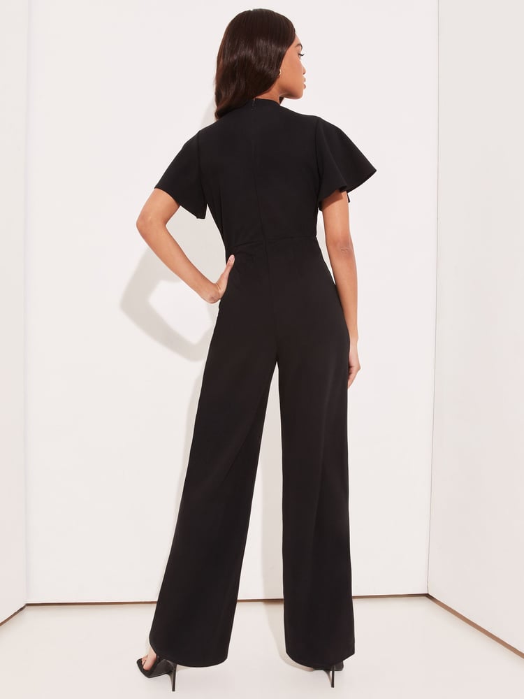 Lipsy Black Flutter Sleeve V Neck Tie Front Wide Leg Jumpsuit - Image 4 of 4 Lipsy Black Flutter Sleeve V Neck Tie Front Wide Leg Jumpsuit - Image 4 of 4