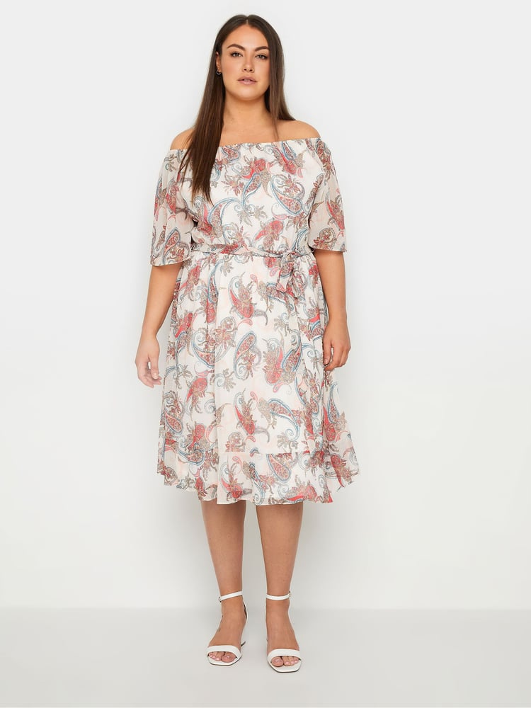 Evans Paisley Print Cold Shoulder Midi White Dress - Image 1 of 1
