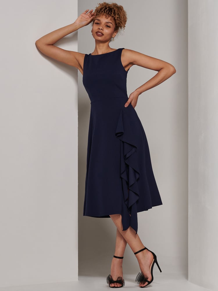 Jolie Moi Navy Blue Haylen Frill Detail Midi Dress - Image 2 of 3