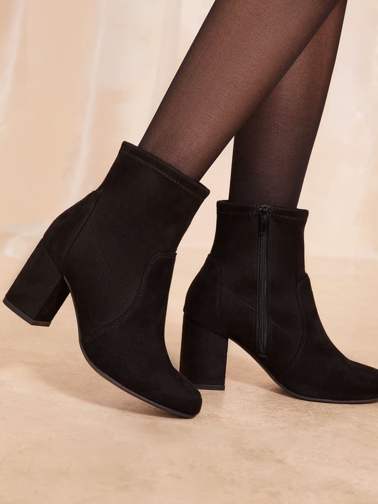 Friends Like These Black Mid Block Heel Faux Suede Sock Boot - Image 2 of 4