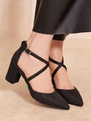 Friends Like These Black Glitter Cross Strap Mid Block Heel Court Shoes - Image 1 of 4