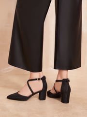 Friends Like These Black Glitter Cross Strap Mid Block Heel Court Shoes - Image 3 of 4