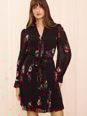 Love & Roses Black Floral PU Trim V Neck Pleated Mini Dress - Image 1 of 4