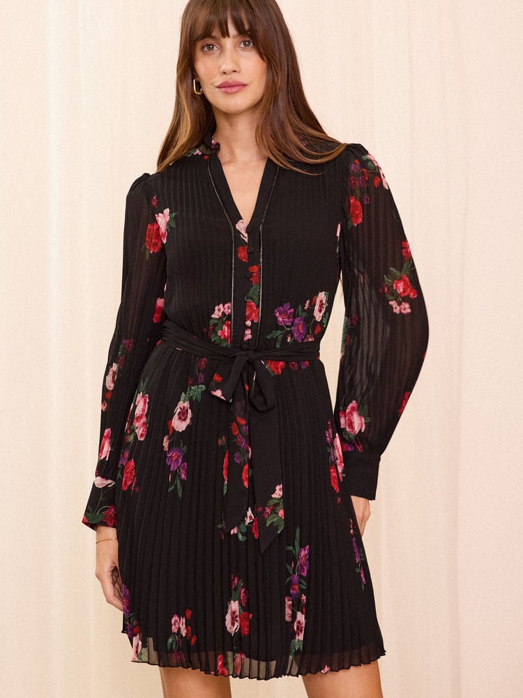 Love & Roses Black Floral PU Trim V Neck Pleated Mini Dress - Image 1 of 4