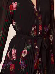 Love & Roses Black Floral PU Trim V Neck Pleated Mini Dress - Image 2 of 4