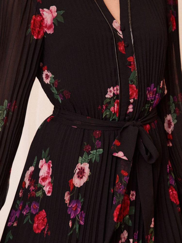 Love & Roses Black Floral PU Trim V Neck Pleated Mini Dress - Image 2 of 4