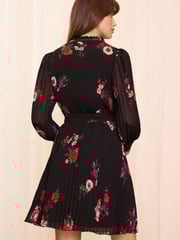 Love & Roses Black Floral PU Trim V Neck Pleated Mini Dress - Image 4 of 4
