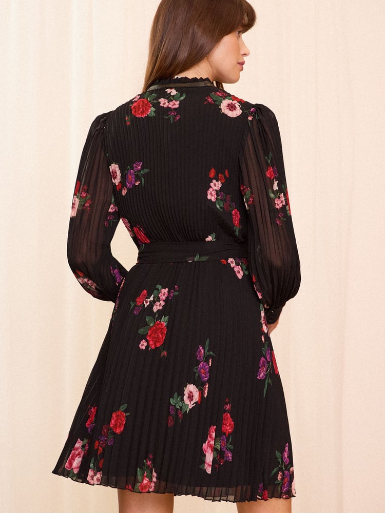 Love & Roses Black Floral PU Trim V Neck Pleated Mini Dress - Image 4 of 4
