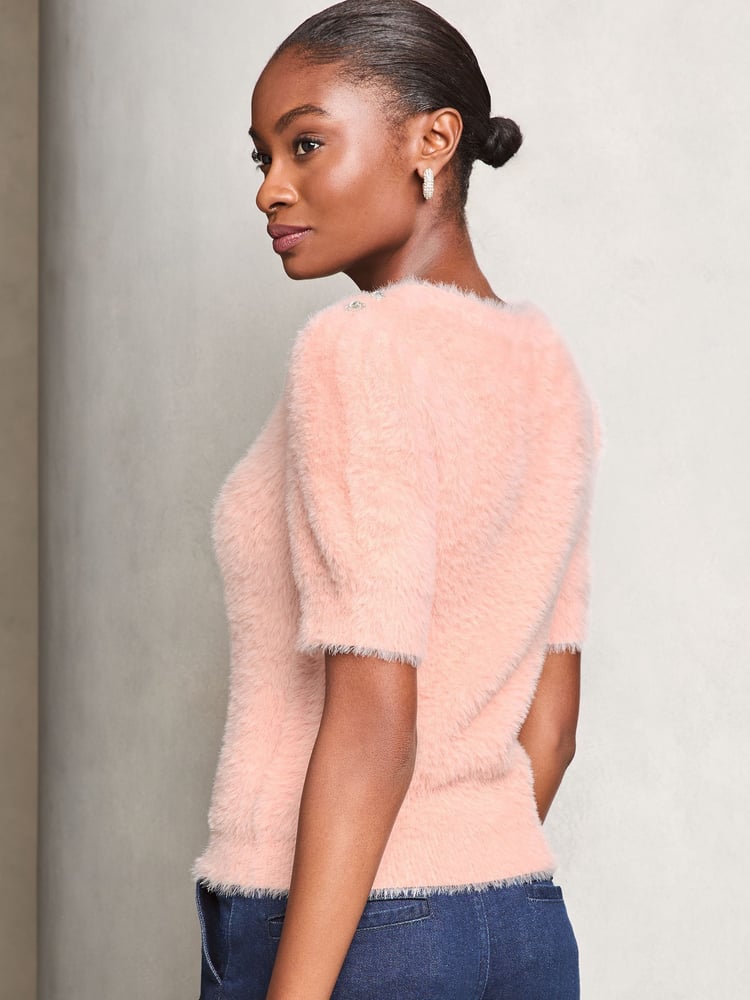 Lipsy Pink Cable Knitted Short Sleeve Embellished Jumper - Image 4 of 4