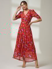 Jolie Moi Red V-Neck Short Sleeve Mesh Maxi Dress - Image 1 of 6