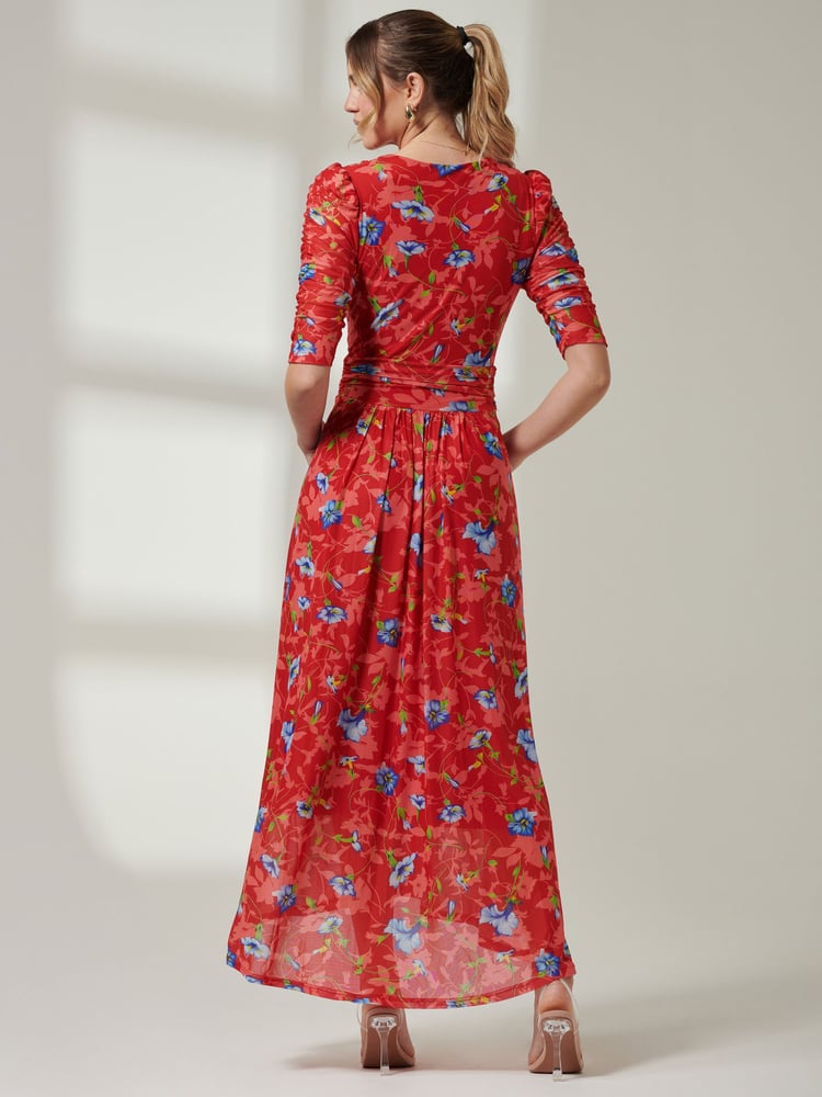 Jolie Moi Red V-Neck Short Sleeve Mesh Maxi Dress - Image 2 of 6