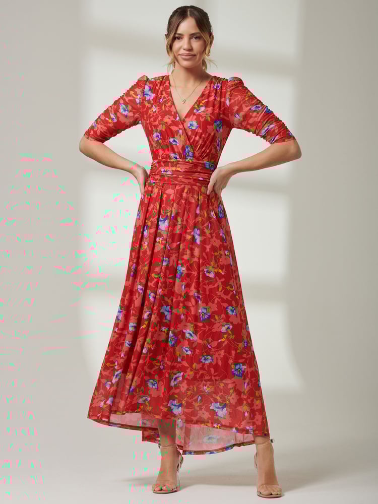 Jolie Moi Red V-Neck Short Sleeve Mesh Maxi Dress - Image 6 of 6