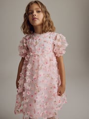 Pink Printed Mesh Flower Party Dress (3-16yrs) - Image 1 of 9