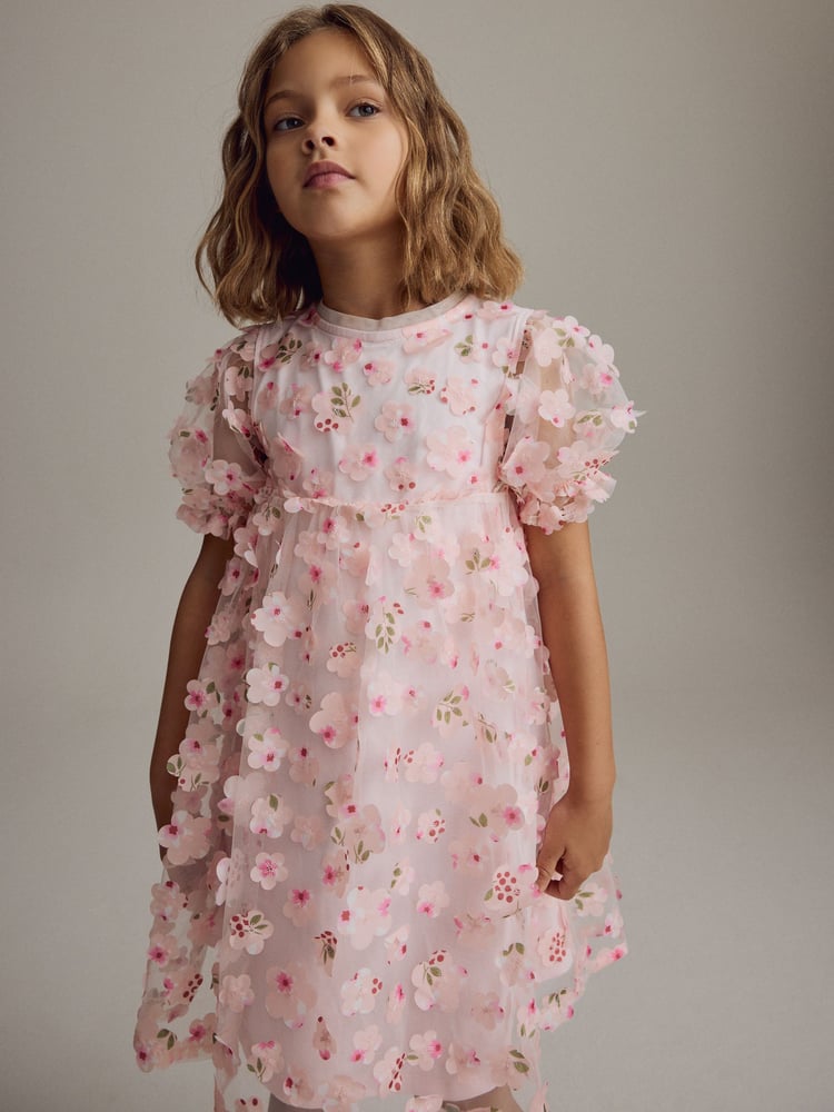 Pink Printed Mesh Flower Party Dress (3-16yrs) - Image 1 of 9