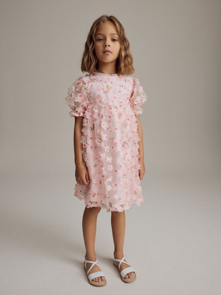 Pink Printed Mesh Flower Party Dress (3-16yrs) - Image 2 of 9