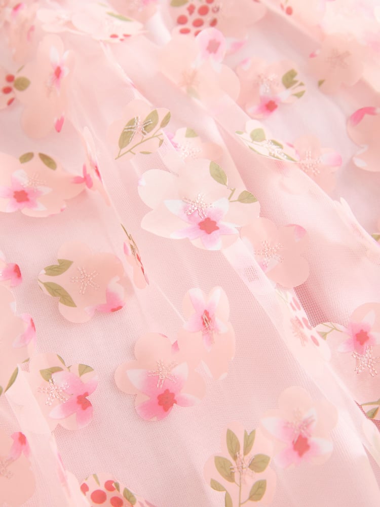Pink Printed Mesh Flower Party Dress (3-16yrs) - Image 9 of 9