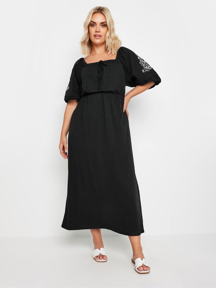 Yours Curve Black Embroidered Puff Sleeve 100% Cotton Maxi Dress - Image 1 of 5