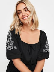 Yours Curve Black Embroidered Puff Sleeve 100% Cotton Maxi Dress - Image 2 of 5
