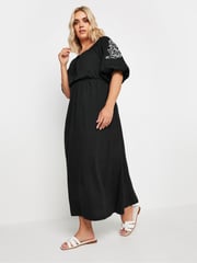 Yours Curve Black Embroidered Puff Sleeve 100% Cotton Maxi Dress - Image 4 of 5
