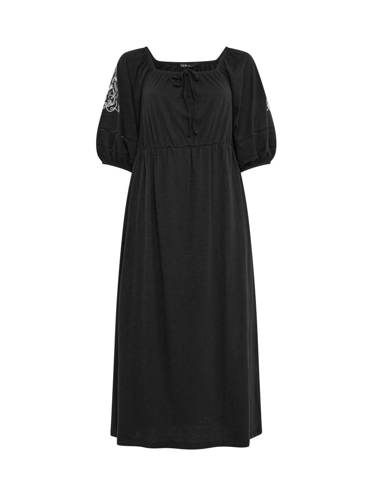 Yours Curve Black Embroidered Puff Sleeve 100% Cotton Maxi Dress - Image 5 of 5