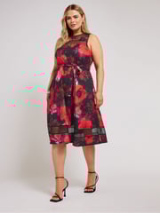 Yours Curve Black Floral Mesh Panel Skater Dress - Image 1 of 5