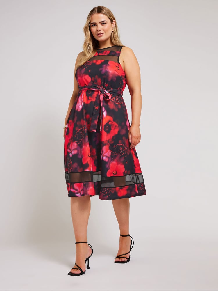 Yours Curve Black Floral Mesh Panel Skater Dress - Image 1 of 5