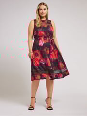Yours Curve Black Floral Mesh Panel Skater Dress - Image 2 of 5