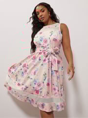 Yours Curve Pink Floral Mesh Panel Skater Dress - Image 4 of 5