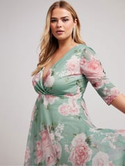 Yours Curve Green Floral Wrap Mesh Hanky Hem Dress - Image 4 of 5