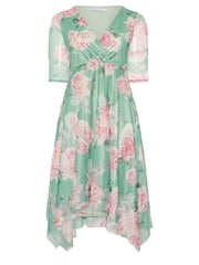 Yours Curve Green Floral Wrap Mesh Hanky Hem Dress - Image 5 of 5