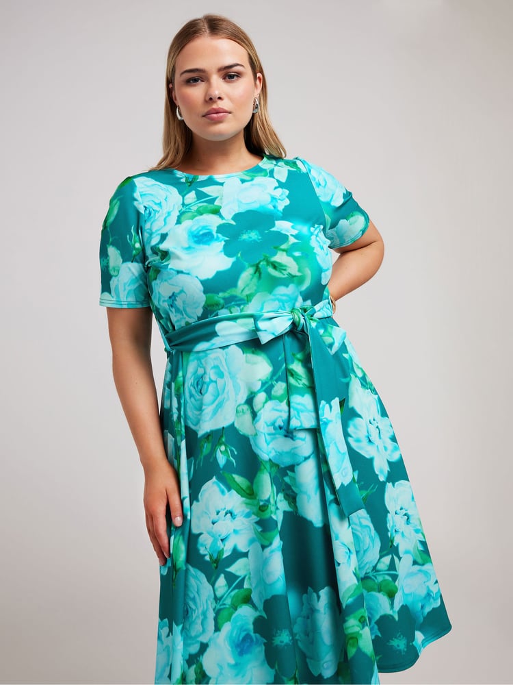 Yours Curve Green Floral Skater Dress - Image 1 of 5 Yours Curve Green Floral Skater Dress - Image 1 of 5