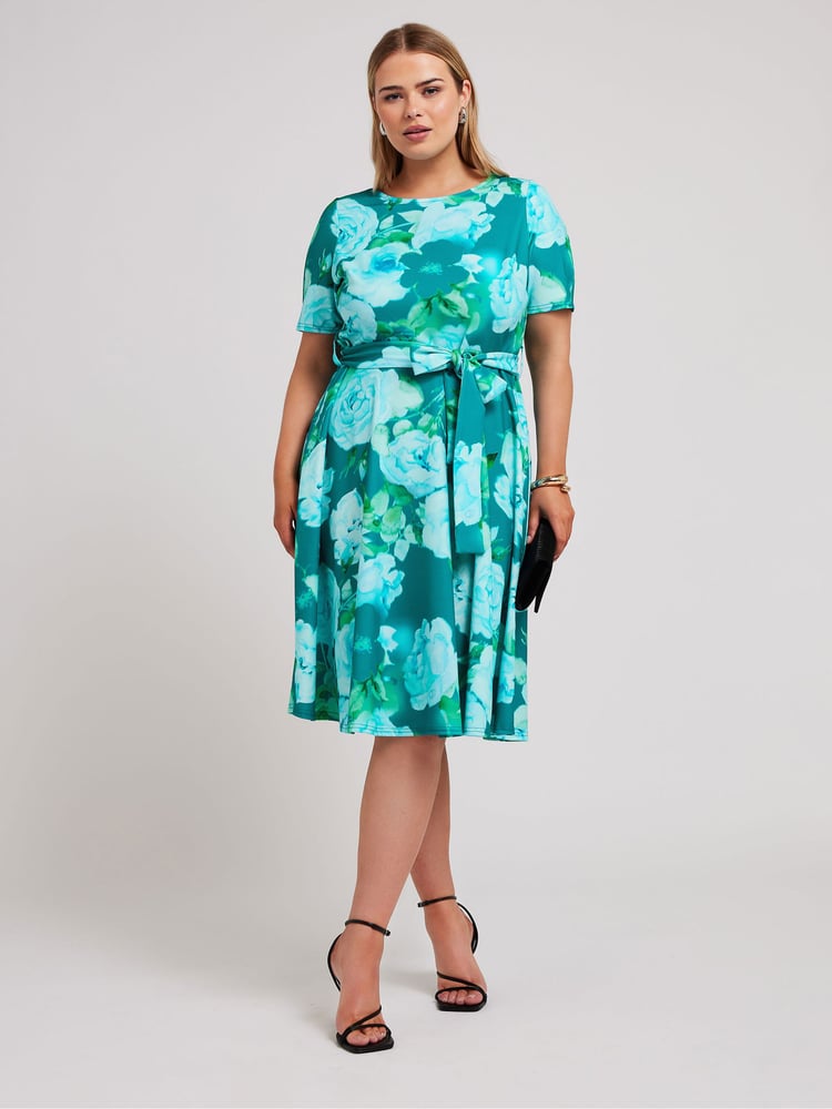 Yours Curve Green Floral Skater Dress - Image 2 of 5