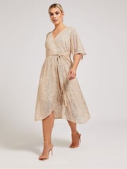 Yours Curve Gold Sequin Tulip Hem Wrap Dress - Image 1 of 5