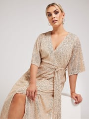 Yours Curve Gold Sequin Tulip Hem Wrap Dress - Image 2 of 5