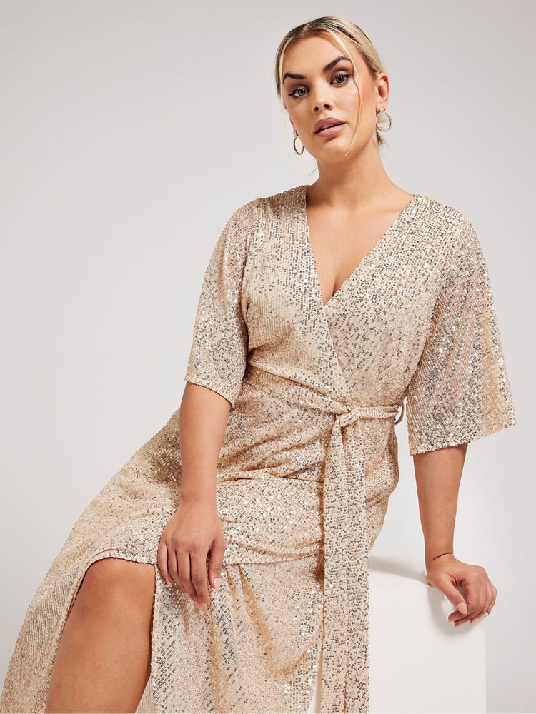 Yours Curve Gold Sequin Tulip Hem Wrap Dress - Image 2 of 5