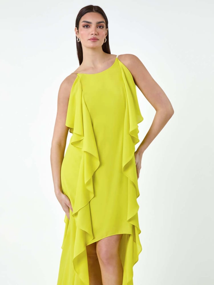 Roman Green Plain Dipped Hem Ruffle Detail Midi Dress - Image 2 of 5