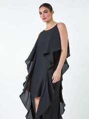Roman Black Plain Dipped Hem Ruffle Detail Midi Dress - Image 1 of 5