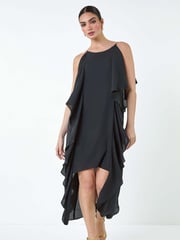Roman Black Plain Dipped Hem Ruffle Detail Midi Dress - Image 2 of 5