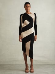 Reiss Black/Camel Jem Knitted Colourblock Asymmetric Midi Dress - Image 1 of 5