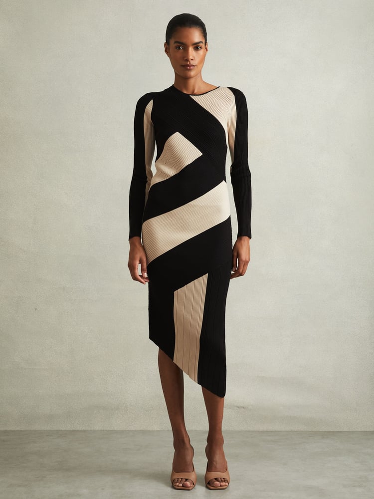 Reiss Black/Camel Jem Knitted Colourblock Asymmetric Midi Dress - Image 1 of 5