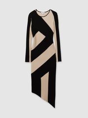 Reiss Black/Camel Jem Knitted Colourblock Asymmetric Midi Dress - Image 2 of 5