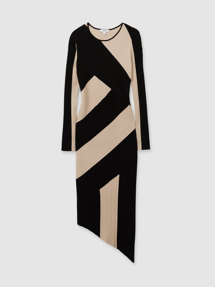 Reiss Black/Camel Jem Knitted Colourblock Asymmetric Midi Dress - Image 2 of 5