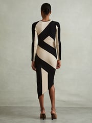 Reiss Black/Camel Jem Knitted Colourblock Asymmetric Midi Dress - Image 4 of 5