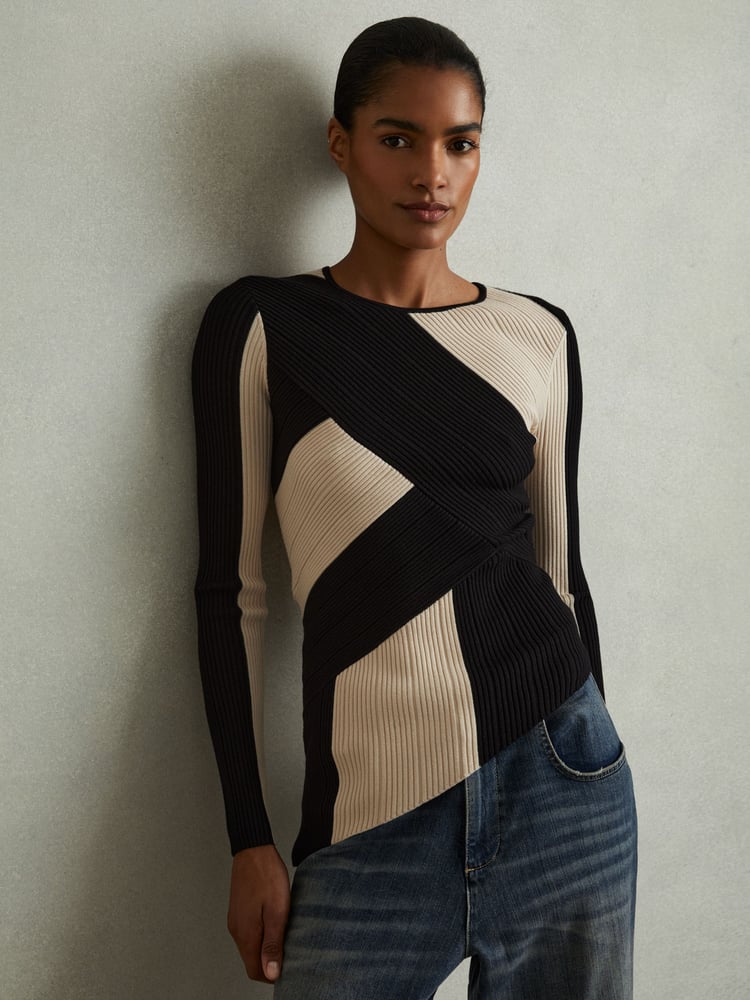 Reiss Black/Camel Judy Knitted Colourblock Asymmetric Top - Image 1 of 6